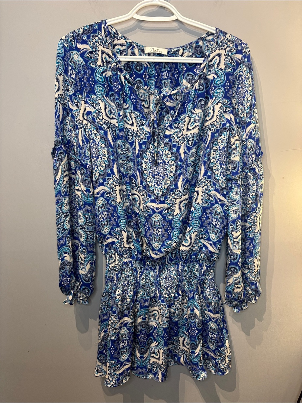 Parker Blue Silk Paisley Boho Printed Maeve Peasant Dress - Picture 2 of 6